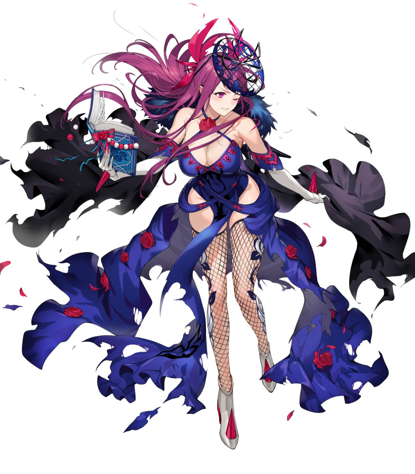 1girl bare_shoulders blue_dress book breasts cleavage damaged dress elbow_gloves fascinator fire_emblem fire_emblem_engage fire_emblem_heroes fishnet_pantyhose fishnets flower flower_brooch flower_ornament gloves halterneck high_heels highres holding holding_book ivy_(fire_emblem) large_breasts long_dress long_hair non-web_source official_art one_eye_closed pantyhose purple_eyes purple_hair rose solo torn_clothes torn_dress very_long_hair white_footwear white_gloves