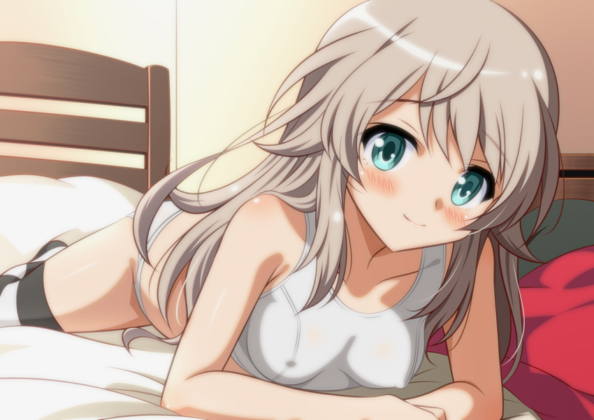 1girl bed blonde_hair blue_eyes blush breasts closed_mouth indoors isa_(ni-iro) long_hair looking_at_viewer luminous_witches lying on_bed on_stomach panties small_breasts smile solo sports_bra striped_clothes striped_thighhighs thighhighs underwear virginia_robertson white_panties white_sports_bra world_witches_series