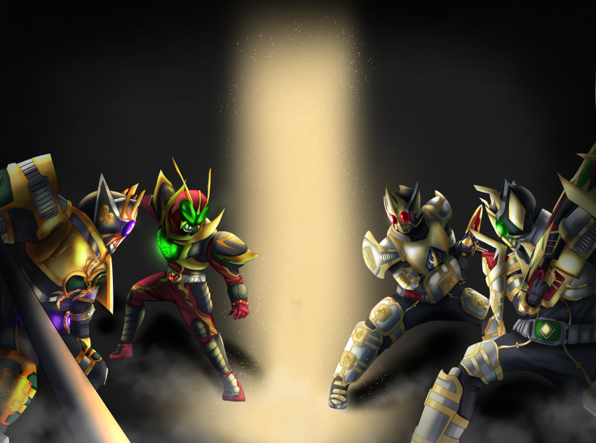 4boys absurdres armor belt blay_buckle blay_rouzer bodysuit bow_(weapon) cannon character_request full_armor full_body gfga7577 gold_armor green_eyes gun helmet highres holding holding_bow_(weapon) holding_gun holding_staff holding_sword holding_weapon horns kamen_rider kamen_rider_blade_(king_form) kamen_rider_blade_(series) kamen_rider_chalice_(wild_form) kamen_rider_garren kamen_rider_garren_(king_form) kamen_rider_leangle kamen_rider_leangle_(king_form) kamen_rider_outsiders king_rouzer male_focus mask multiple_boys purple_eyes red_eyes rider_belt staff sword tokusatsu weapon