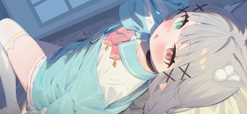 1girl ahoge animal_ear_fluff animal_ears black_choker blue_jacket blush bow bowtie cat_ears choker green_eyes grey_hair hair_ornament heterochromia indoors jacket long_hair long_sleeves looking_at_viewer lying on_back on_bed open_mouth original pink_bow pointy_ears red_eyes sailor_collar shirt sleeves_past_fingers sleeves_past_wrists solo thighhighs tofu1601 white_thighhighs x_hair_ornament