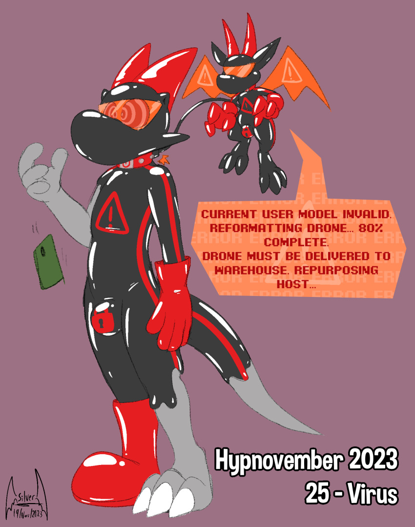 2023 3_toes 4_fingers anthro biped boots brainwashing bulge cellphone claws clothing collar control_collar dialogue digital_drawing_(artwork) digital_media_(artwork) dragon drone dronification duo electronics english_text feet fingers flying footwear glistening gloves goo_transformation handwear hi_res horn hypnosis hypnotic_visor hypnovember imp latex latex_boots latex_clothing latex_footwear latex_gloves latex_handwear latex_transformation liquid_latex lock_bulge lock_symbol male membrane_(anatomy) membranous_wings mind_control orange_wings phone reboot_(soul-silver-dragon) red_boots red_clothing red_collar red_footwear red_gloves red_handwear red_horn ringed_eyes rubber_clothing rubber_suit scalie simple_background soul-silver-dragon soul-silver-dragon_(character) speech_bubble text toe_claws toes transformation visor wings
