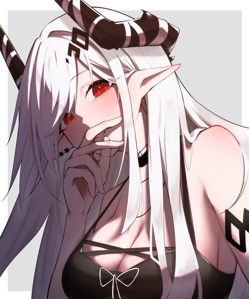 1girl absurdres arknights bare_shoulders bikini black_bikini black_horns border breasts cleavage closed_mouth earrings eyes_visible_through_hair grey_background hair_behind_ear hand_to_own_mouth highres horns jewelry large_breasts long_hair looking_at_viewer mudrock_(arknights) mudrock_(silent_night)_(arknights) official_alternate_costume outside_border paid_reward_available pointy_ears red_eyes simple_background smile solo swimsuit upper_body white_border white_hair worimehl