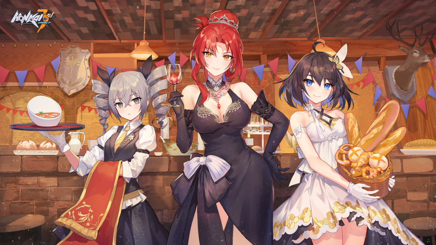 3girls ahoge arm_strap bare_shoulders black_dress black_gloves black_hair blue_eyes bow bread breasts bronya_zaychik butterfly_hair_ornament choker cleavage closed_mouth copyright_name cup dress drill_hair elbow_gloves food gem gloves grey_hair hair_between_eyes hair_bow hair_ornament highres holding holding_cup holding_tray honkai_(series) honkai_impact_3rd indoors logo long_hair looking_at_viewer multicolored_hair multiple_girls murata_himeko necktie official_art red_eyes second-party_source seele_vollerei smile soup tiara tray twin_drills two-tone_hair waitress white_dress white_gloves yellow_eyes yellow_necktie