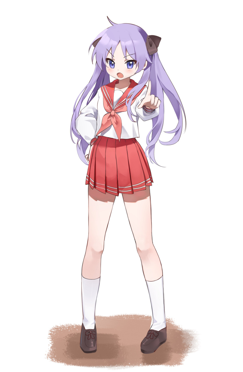 1girl absurdres angry full_body hand_on_own_hip highres hiiragi_kagami loafers looking_at_viewer lucky_star mingo0011 neckerchief open_mouth pink_neckerchief pink_skirt pleated_skirt pointing pointing_at_viewer purple_eyes purple_hair ryouou_school_uniform sailor_collar school_uniform serafuku shoes skirt socks twintails white_background white_socks winter_uniform