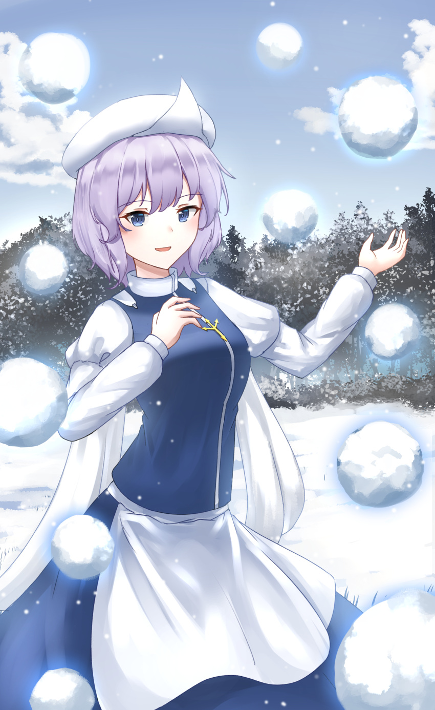 1girl absurdres apron blue_eyes blue_skirt blue_vest cloud commentary cryokinesis day english_commentary floating forest hat highres kuneamorai letty_whiterock long_sleeves looking_at_viewer mixed-language_commentary nature open_mouth outdoors purple_hair shirt short_hair skirt smile snow snowball solo touhou vest waist_apron white_apron white_headwear white_shirt winter