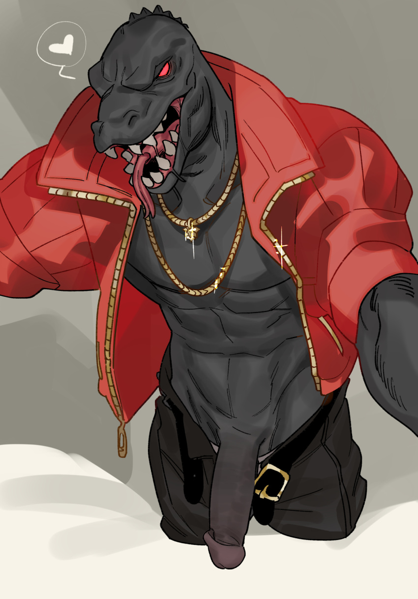 &lt;3 abs animal_humanoid anthro belt bottomwear bottomwear_down clothed clothing dark_body dark_skin digital_media_(artwork) epic_games flirting fortnite francisxiennsfw genitals gold_(metal) gold_jewelry hi_res humanoid humanoid_genitalia humanoid_penis jacket jewelry komodo_dragon lizard looking_at_viewer male monitor_lizard muscular muscular_anthro muscular_male necklace no_pupils open_clothing open_jacket open_mouth open_shirt open_topwear pants pants_down partially_clothed pecs penis reptile scales scalie sharp_teeth shirt simple_background smile solo teeth teeth_showing thunder_(fortnite) tongue tongue_out topwear zipper