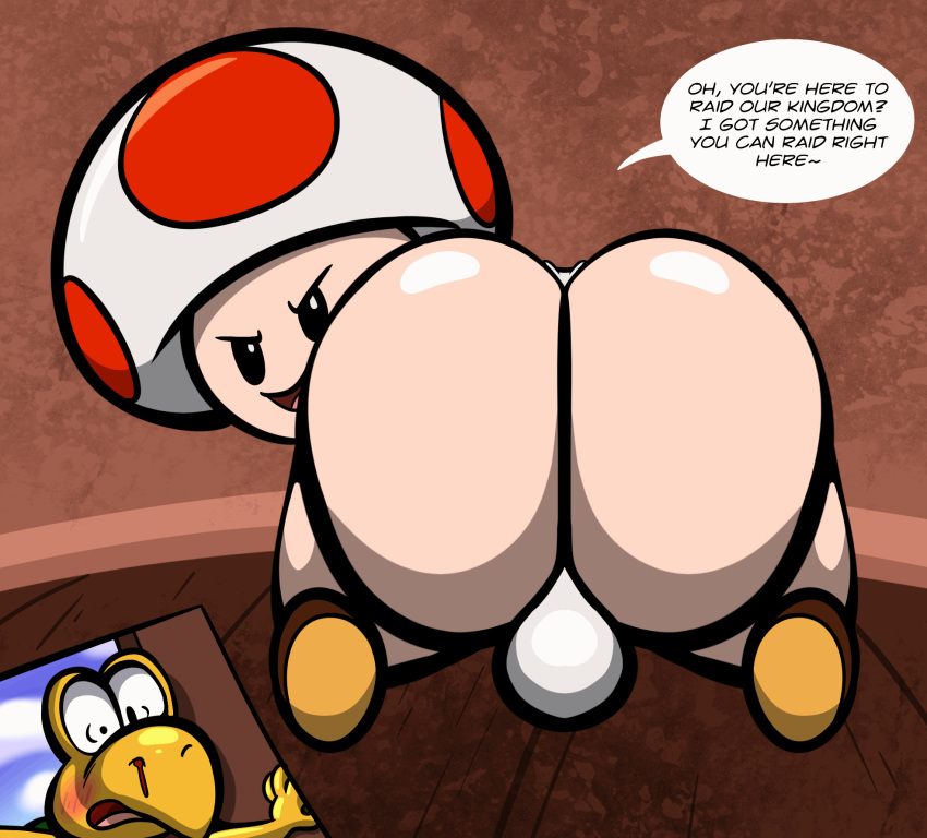 animated anthro anus ass_clapping blood blush bodily_fluids bulge butt clothing dialogue duo elemental_creature flustered fungi_fauna fungus hi_res inside jumping koopa looking_at_viewer looking_back male male/male mario_bros nintendo nosebleed scalie seductive short_stack tepigfan101 thong toad_(mario) twerking underwear