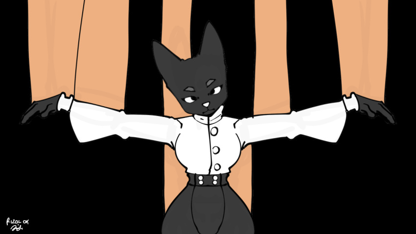 anthro big_breasts black_body black_fur breasts clothed clothing doll domestic_cat emotionless felid feline felis female first_person_view fur mammal rizal_ok solo thick_thighs