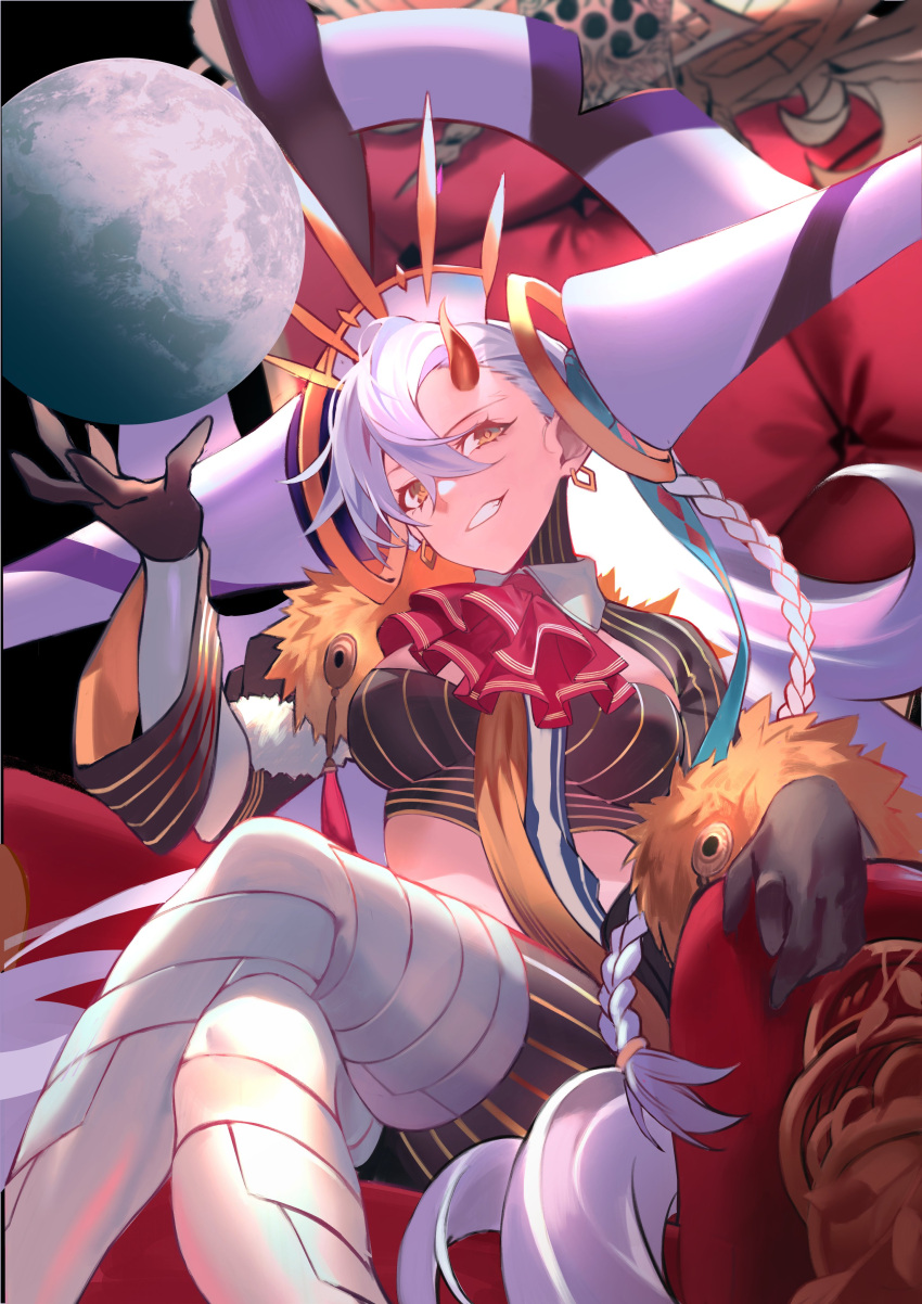 1girl absurdres ascot braid breasts cage cape clerical_collar cloak clothing_cutout crossed_legs fate/grand_order fate_(series) fur-trimmed_cape fur-trimmed_cloak fur_trim grey_cape highres hiro_(hirohiro_gorira) holding holding_cage hood hooded_cape horns huge_horns large_breasts long_braid long_horns looking_at_viewer olga_marie_animusphere red_ascot side_braid single_horn sitting smile solo stomach_cutout striped_bodysuit u-olga_marie yellow_horns