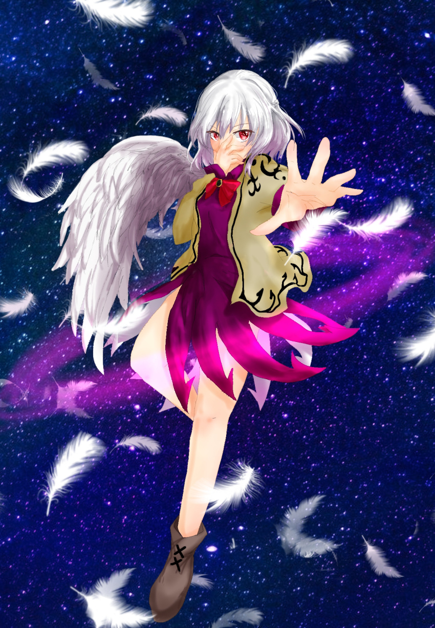 1girl coat covering_own_mouth dress falling_feathers feathered_wings feathers hand_over_own_mouth highres kishin_sagume looking_at_viewer purple_dress red_eyes shee_take single_wing solo space touhou white_coat white_hair wings