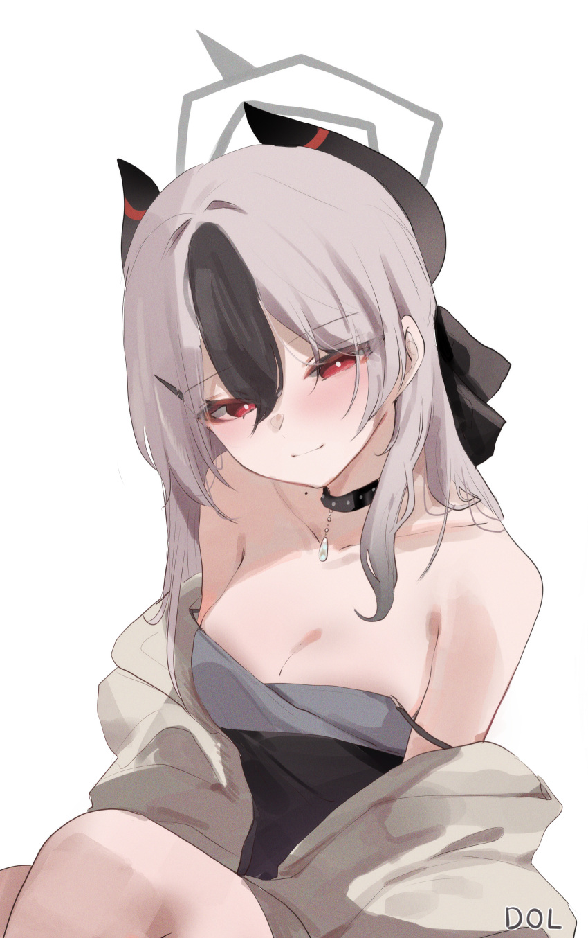 1girl absurdres artist_name bare_shoulders black_choker black_dress black_hair blue_archive blush breasts choker cleavage collarbone demon_horns dolechan double_strap_slip dress grey_hair halo highres horns kayoko_(blue_archive) kayoko_(dress)_(blue_archive) light_smile medium_breasts mole mole_on_neck official_alternate_costume red_eyes simple_background sleeveless sleeveless_dress solo white_background