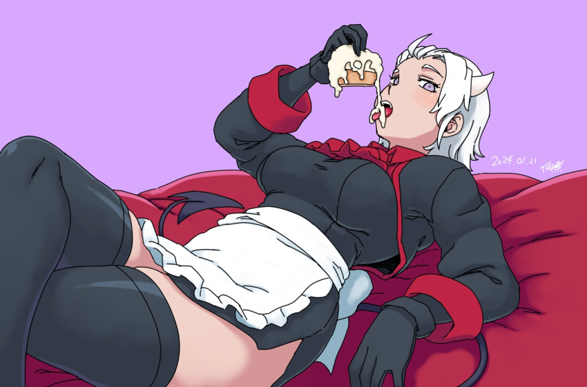 1girl apron black_dress black_gloves black_tail black_thighhighs blind blue_background breasts cake commentary_request cropped_jacket cushion dated demon_girl demon_horns demon_tail dress dripping eating food gloves helltaker horns icing justice_(helltaker) large_breasts looking_at_viewer maid maid_apron open_mouth reclining short_hair signature solo tail thighhighs thighs tongue tongue_out tsukudani_(coke-buta) white_hair white_horns
