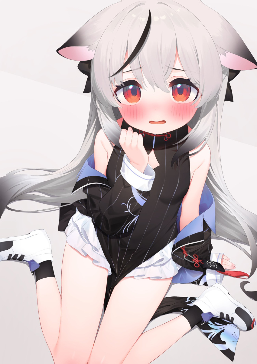 1girl animal_ears black_dress black_hair black_jacket black_socks blue_archive blush breasts china_dress chinese_clothes dress embarrassed from_above grey_hair highres jacket kokona_(blue_archive) long_hair long_sleeves looking_at_viewer multicolored_hair off_shoulder open_mouth red_eyes shoes simple_background sitting skirt small_breasts socks solo streaked_hair striped_clothes striped_dress tofu1601 vertical-striped_clothes vertical-striped_dress very_long_hair wariza white_footwear white_skirt
