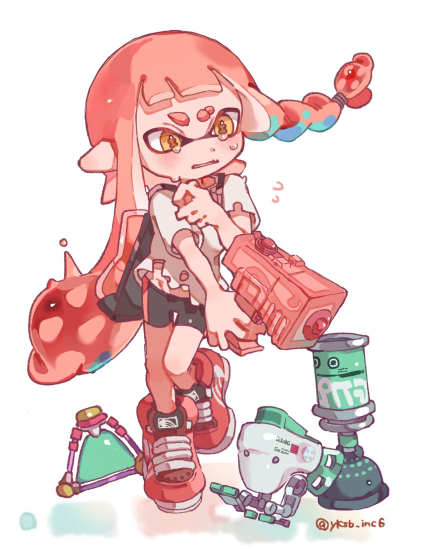 1girl artist_name autobomb_(splatoon) bike_shorts braid commentary cross-laced_footwear eyebrow_cut full_body gun highres holding holding_gun holding_weapon inkling_girl inkling_player_character long_hair open_mouth pointy_ears red_footwear red_hair shirt shoes simple_background single_braid solo splat_bomb_(splatoon) splatoon_(series) splattershot_jr_(splatoon) standing standing_on_one_leg suction_bomb_(splatoon) tears tentacle_hair thick_eyebrows torn_clothes torn_shirt twitter_username weapon white_background white_shirt yellow_eyes yksb_inc6