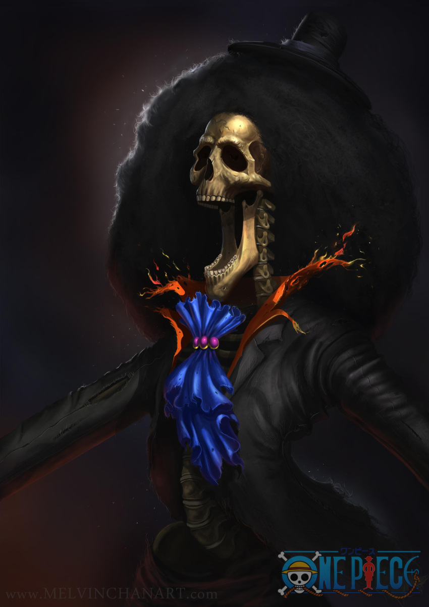 1boy absurdres afro ascot black_hair black_hat blue_ascot brook_(one_piece) commentary english_commentary english_text hat highres logo male_focus melvinchanart one_piece open_mouth realistic skeleton skull_and_crossbones solo translation_request web_address