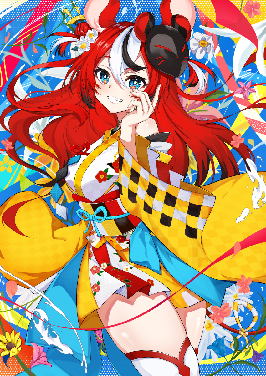 1girl absurdres animal_ears blue_eyes floral_background floral_print flower hair_bun hair_flower hair_ornament hakos_baelz hakos_baelz_(new_year) highres hololive hololive_english japanese_clothes jiejeat kimono long_hair mouse_ears mouse_mask mouse_tail red_hair smile tail thighhighs virtual_youtuber white_thighhighs wide_sleeves yellow_kimono