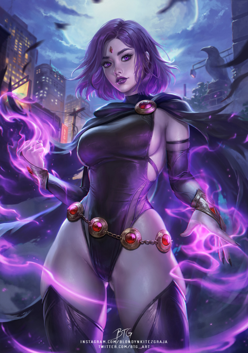 1girl belt black_leotard blondynkitezgraja breasts bridal_gauntlets cape colored_skin dc_comics english_commentary forehead_jewel grey_skin highleg highleg_leotard highres large_breasts leotard magic purple_eyes purple_hair raven_(dc) short_hair sideboob solo teen_titans thighhighs thighs