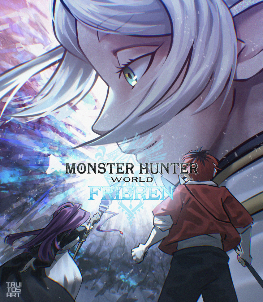 1boy 2girls absurdres axe battle_axe black_coat box_art coat commentary cover dress english_commentary fake_box_art fern_(sousou_no_frieren) frieren from_behind green_eyes highres holding holding_axe holding_staff jacket mage_staff monster_hunter:_world monster_hunter_(series) monster_hunter_world:_iceborne multiple_girls parody parted_bangs pointy_ears profile red_hair red_jacket smile sousou_no_frieren staff stark_(sousou_no_frieren) truitosart video_game_cover weapon white_dress white_hair