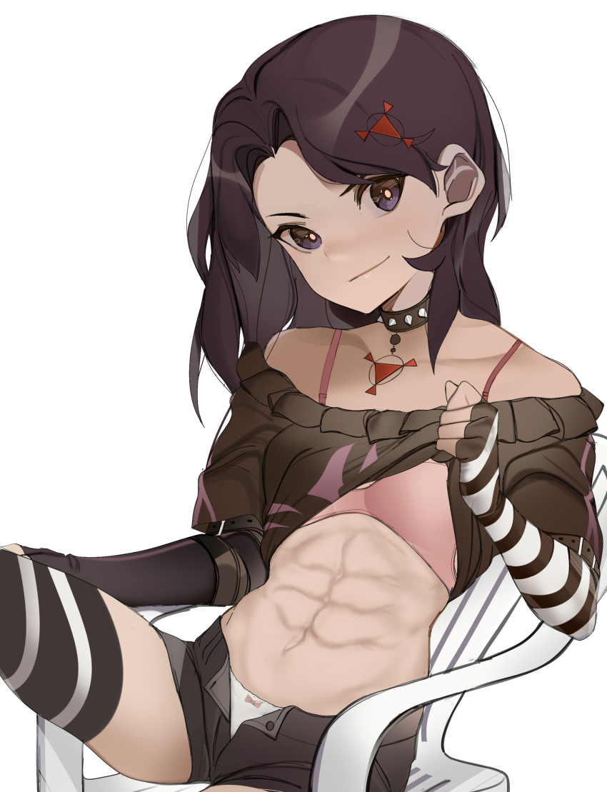 1girl abs absurdres alternate_costume arm_belt bare_shoulders bow bow_panties bra breasts brown_hair choker clothes_lift commission commissioner_upload digital_hazard dusk_(wayanfa) elbow_gloves fingerless_gloves frilled_shirt frills gloves hair_ornament highres jewelry lamota looking_at_viewer navel non-web_source on_chair open_clothes open_shorts original panties pendant purple_eyes shirt shirt_lift short_sleeves shorts small_breasts thighhighs thighs underwear white_background