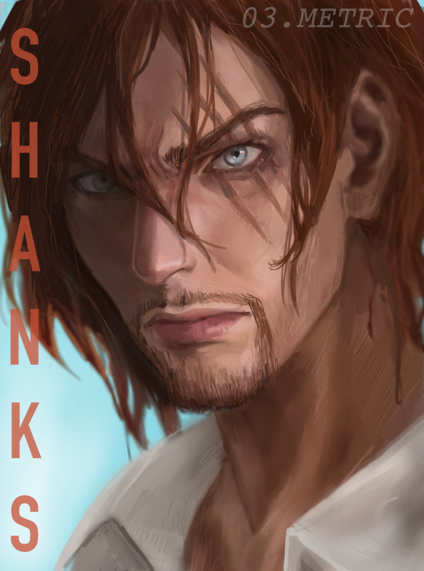 03metric 1boy artist_name beard_stubble blue_eyes character_name closed_mouth commentary english_commentary facial_hair highres looking_at_viewer male_focus mustache_stubble one_piece realistic red_hair scar scar_across_eye scar_on_face shanks_(one_piece) shirt short_hair solo stubble white_shirt