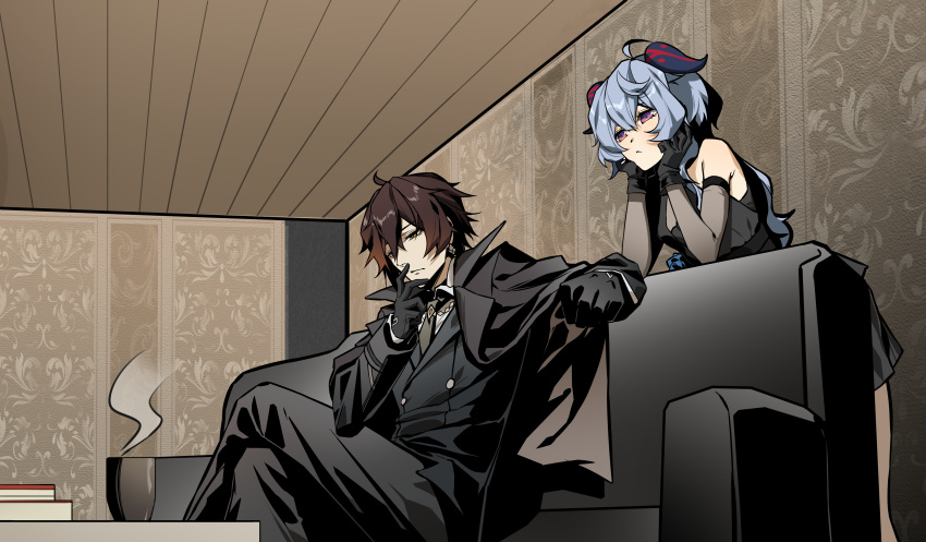 1boy 1girl absurdres ahoge alternate_costume bare_shoulders black_dress black_gloves black_hair black_jacket black_necktie blue_hair brown_hair chinese_commentary couch crossed_legs cup detached_sleeves dress formal frown ganyu_(genshin_impact) genshin_impact gloves goat_horns gouyuban hair_between_eyes hands_on_own_chin head_rest highres horns indoors jacket long_hair mafia multicolored_hair necktie purple_eyes shirt sidelocks sitting suit thinking zhongli_(genshin_impact)