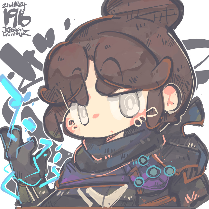 1girl absurdres apex_legends artist_name black_bodysuit black_gloves black_scarf blush bodysuit brown_hair dated electricity gloves grey_eyes hair_behind_ear hair_bun hand_on_own_chest highres jrpencil looking_at_viewer open_hand scarf single_hair_bun solo thick_eyebrows v-shaped_eyebrows white_background wraith_(apex_legends)