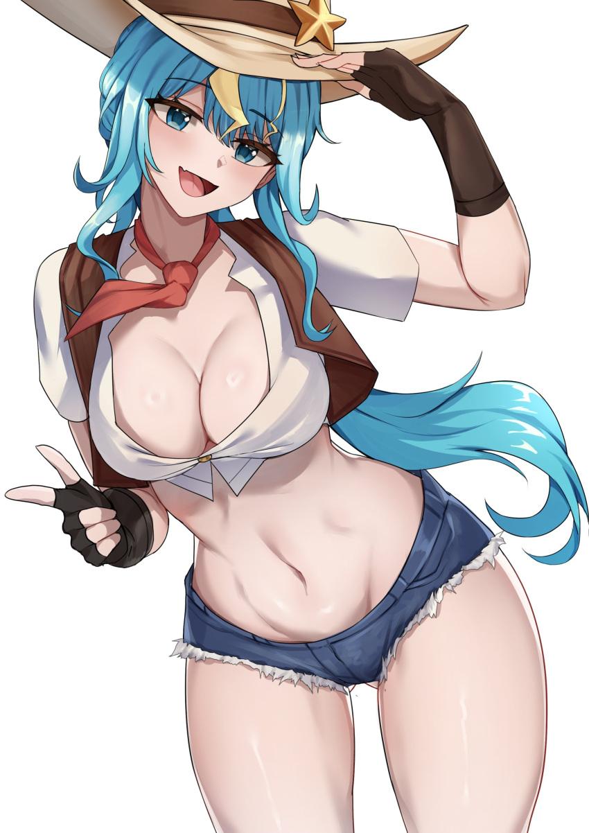 1girl absurdres ass_visible_through_thighs black_gloves blonde_hair blue_eyes blue_hair blue_shorts breasts brown_hat cowboy_hat cowboy_shot cowboy_western crop_top fang finger_gun fingerless_gloves gloves hat hat_ornament highres holding holding_clothes holding_hat kaminari_clara large_breasts long_hair mchiefy midriff multicolored_hair navel necktie open_mouth phase_connect red_necktie second-party_source shirt shorts skin_fang solo star_(symbol) star_hat_ornament streaked_hair virtual_youtuber white_shirt