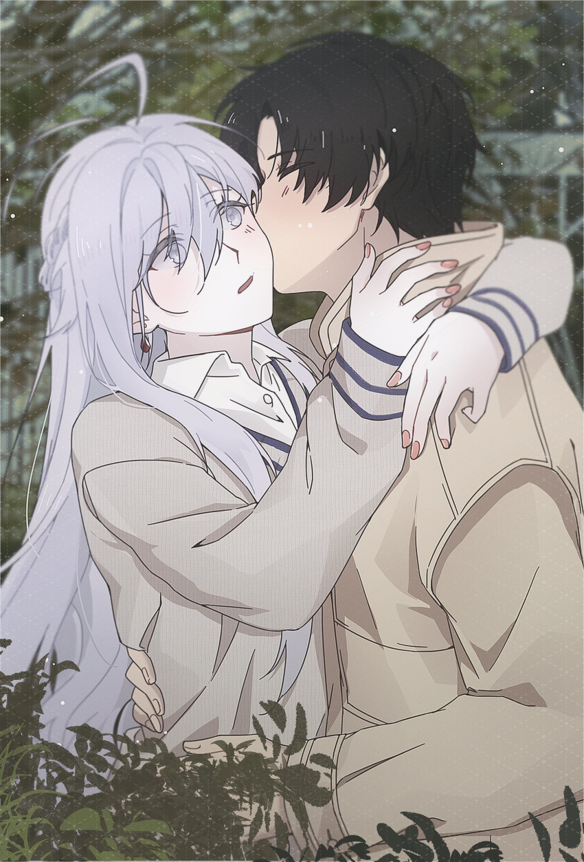 1boy 1girl 86_-eightysix- absurdres ahoge arm_around_back arm_around_neck aromarong black_hair blush closed_eyes collared_shirt cowboy_shot earrings facing_another from_side grey_eyes grey_hair grey_sweater hair_between_eyes hetero highres jewelry kiss kissing_cheek long_hair long_sleeves looking_at_another nail_polish open_mouth orange_nails plant shinei_nouzen shirt short_hair sidelocks straight_hair sweater v-neck vest vladilena_millize white_shirt yellow_shirt yellow_vest
