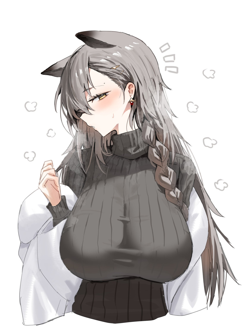 1girl animal_ears arknights black_sweater blush braid breasts commentary_request earrings extra_ears grey_hair hair_ornament hand_up heavy_breathing highres horn/wood jacket jewelry large_breasts long_hair long_sleeves looking_at_viewer mole_above_eye off_shoulder official_alternate_costume penance_(arknights) penance_(occasionally_flushed)_(arknights) ribbed_sweater sideways_glance single_braid solo sweater turtleneck turtleneck_sweater upper_body white_jacket wolf_ears wolf_girl yellow_eyes