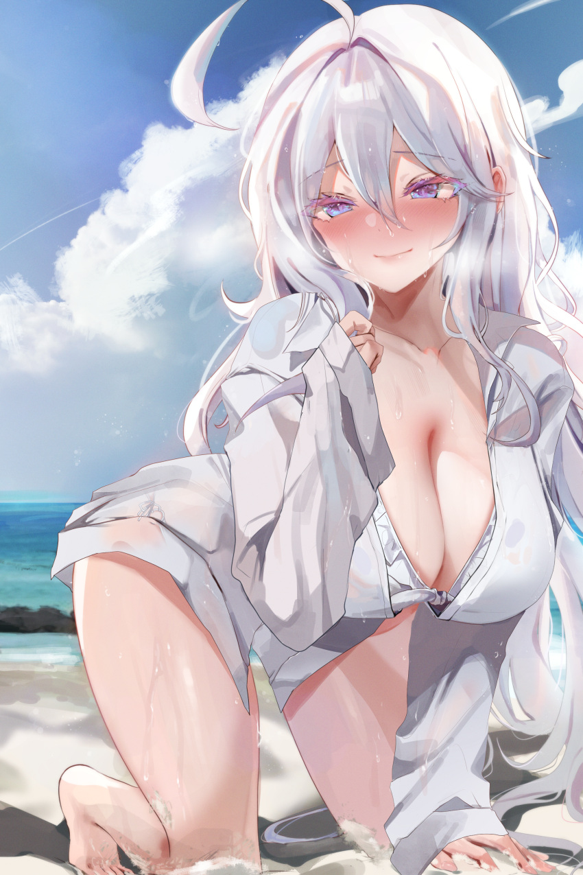 1girl absurdres ahoge all_fours antenna_hair beach bikini blue_sky blush breasts cleavage closed_mouth cloud collarbone commentary_request day dolechan dress_shirt frilled_bikini frills hair_between_eyes highres kneeling large_breasts long_hair looking_at_viewer ocean original outdoors purple_eyes shirt sidelocks sky smile solo sweat swimsuit swimsuit_under_clothes variant_set white_bikini white_hair white_shirt