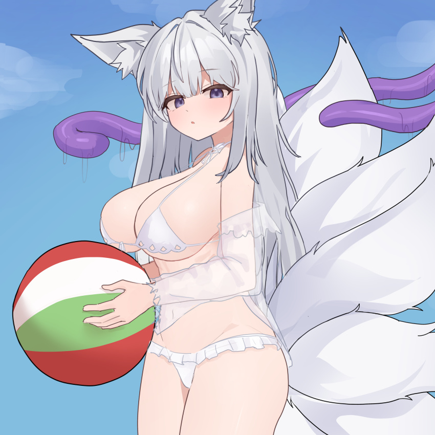 1girl absurdres animal_ears azur_lane ball beachball bikini breasts cleavage cowboy_shot day detached_sleeves fox_ears fox_girl fox_tail highres holding holding_ball ju_ge large_breasts multiple_tails outdoors purple_eyes shinano_(azur_lane) shinano_(dreamy_white_sands)_(azur_lane) solo swimsuit tail tentacles white_bikini white_hair you_gonna_get_raped