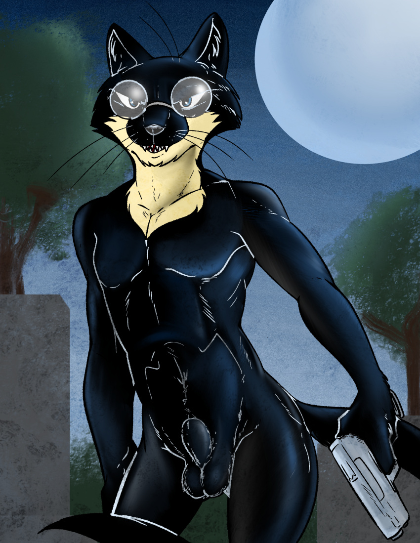 animal_genitalia anthro athletic athletic_anthro athletic_male balls black_balls black_body black_fur black_sheath black_tail blue_eyes cemetery cheek_tuft countershade_neck countershading evil_face evil_grin evil_look eyewear eyewear_only facial_tuft fangs flaccid fully_sheathed fur genitals glasses glasses_only grass grave gulonine gun hi_res holding_gun holding_object holding_ranged_weapon holding_weapon illegaleel inner_ear_fluff jack_salem long_tail looking_at_viewer male mammal marten moon multicolored_body multicolored_fur murderer mustelid musteline night nude outside penis plant ranged_weapon sable_(marten) sharp_teeth sheath smile solo standing tail teeth tombstone tree tuft two_tone_body two_tone_fur weapon wearing_glasses whiskers white_body white_fur