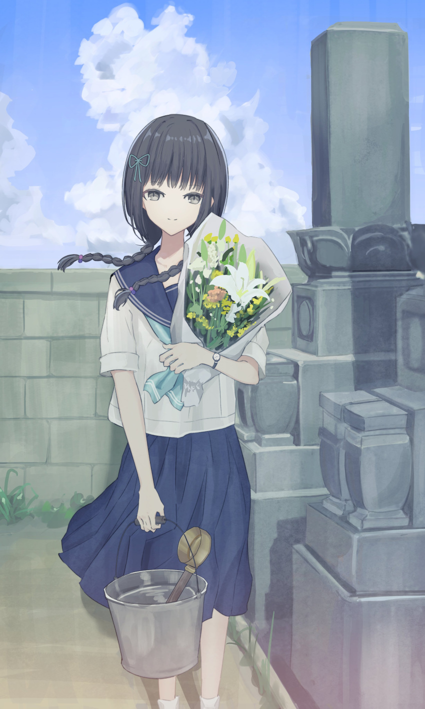 1girl absurdres amemori_sayo black_hair blue_neckerchief blue_ribbon blue_sailor_collar blue_skirt blue_sky bouquet braid bucket closed_mouth cloud cloudy_sky cumulonimbus_cloud day flower graveyard grey_eyes hair_over_shoulder hair_ribbon highres holding holding_bouquet holding_bucket hugging_object looking_at_viewer low_twin_braids neckerchief nijisanji outdoors pleated_skirt ribbon sailor_collar school_uniform seikatsu serafuku shirt short_sleeves sidelocks skirt sky smile solo twin_braids virtual_youtuber watch water white_flower white_shirt wristwatch