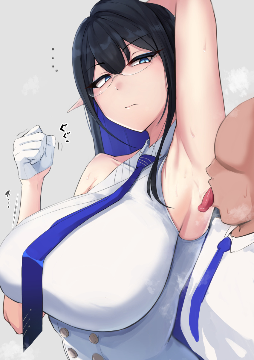 1boy 1girl annoyed armpits black_hair blue_archive blue_eyes blue_necktie breasts collared_shirt colored_inner_hair faceless faceless_male glasses gloves highres huge_breasts licking licking_armpit long_hair multicolored_hair necktie pointy_ears presenting_armpit rin_(blue_archive) sensei_(blue_archive) shirt sleeveless sleeveless_shirt sweaty_armpits tyamurai33 upper_body white_gloves