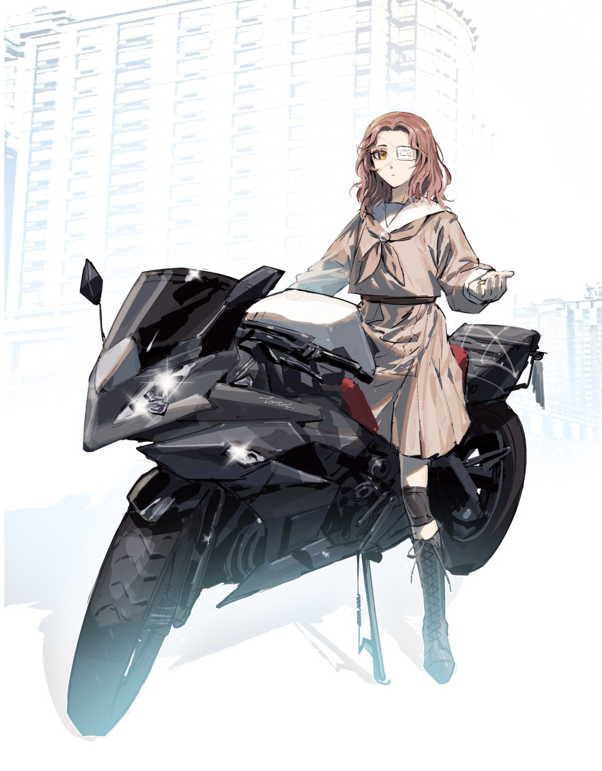 1girl black_footwear boots brown_eyes brown_hair brown_neckerchief brown_serafuku brown_shirt brown_skirt chinese_commentary elden_ring eyepatch glint highres knee_pads medical_eyepatch medium_hair melina_(elden_ring) motor_vehicle motorcycle neckerchief outstretched_arm school_uniform serafuku shirt skirt solo taocan_shisi_hao vehicle_focus vehicle_request