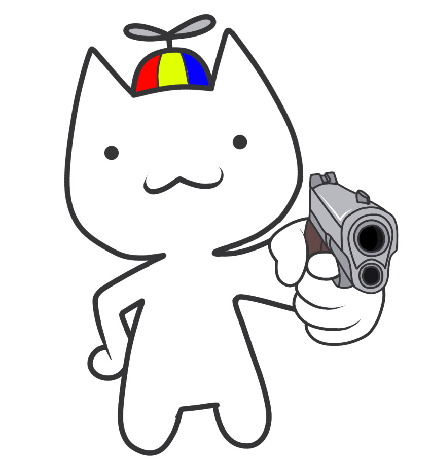 :3 alpha_channel ambiguous_gender clothing domestic_cat dot_eyes felid feline felis gesture gooblie_2 gun hand_gesture hand_on_hip handgun hat headgear headwear hi_res holding_gun holding_object holding_ranged_weapon holding_weapon imminent_violence looking_at_viewer mammal pointing pointing_at_viewer propeller_hat ranged_weapon silly simple_background smile solo stubby_legs toony transparent_background weapon white_body