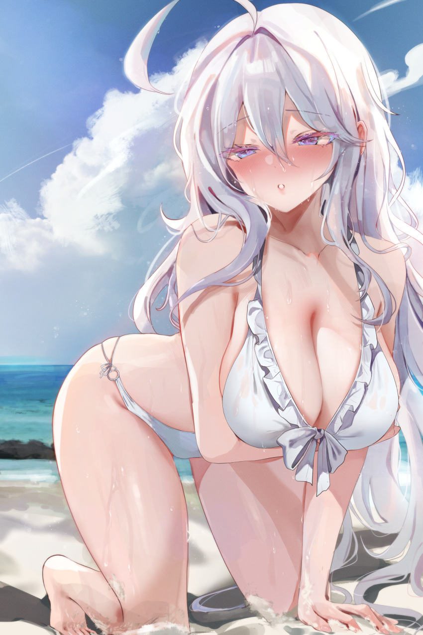 1girl absurdres ahoge antenna_hair arm_support arm_under_breasts beach bikini blue_sky blush breasts cloud collarbone commentary_request day dolechan frilled_bikini frills hair_between_eyes highres kneeling large_breasts long_hair looking_at_viewer o-ring ocean original outdoors purple_eyes sidelocks sky solo sweat swimsuit variant_set white_bikini white_hair