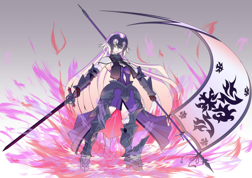 1girl armor armored_dress black_armor blonde_hair breasts clothing_cutout dress dual_wielding energy fate/grand_order fate_(series) flag full_body gauntlets headpiece highres holding holding_flag holding_sword holding_weapon jeanne_d'arc_alter_(avenger)_(fate) jeanne_d'arc_alter_(avenger)_(third_ascension)_(fate) jeanne_d'arc_alter_(fate) long_hair looking_at_viewer navel_cutout rofu_get solo standard_bearer sword weapon yellow_eyes