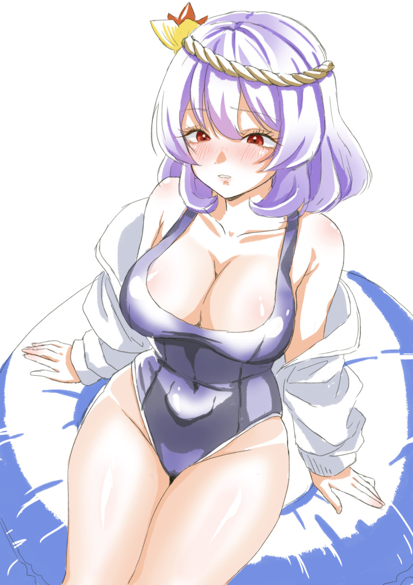 0002koko 1girl absurdres bare_shoulders blush breasts cleavage collarbone from_above highres long_sleeves one-piece_swimsuit open_clothes puffy_long_sleeves puffy_sleeves purple_hair red_eyes shy simple_background sitting solo swimsuit thighs touhou white_background yasaka_kanako