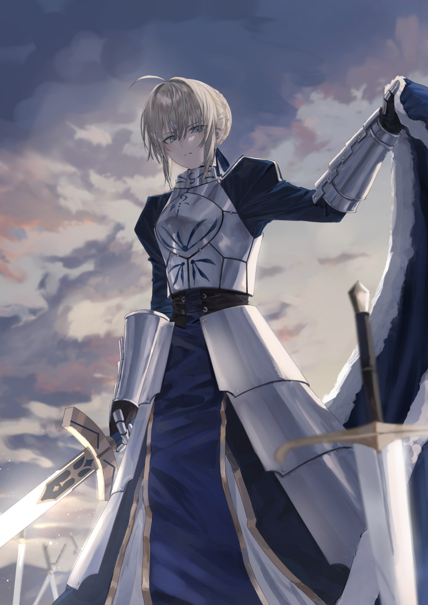 1girl absurdres ahoge aqua_eyes armor armored_dress artoria_pendragon_(fate) blonde_hair blue_cape blue_dress braid breastplate cape closed_mouth cloud cloudy_sky corset dress excalibur_(fate/stay_night) expressionless fate/stay_night fate_(series) faulds fur-trimmed_cape fur_trim gauntlets highres holding holding_cape holding_clothes holding_sword holding_weapon juliet_sleeves long_sleeves looking_at_viewer outdoors puffy_sleeves saber_(fate) shiro_(siro_kuten) short_hair sidelocks sky solo sword unworn_cape weapon