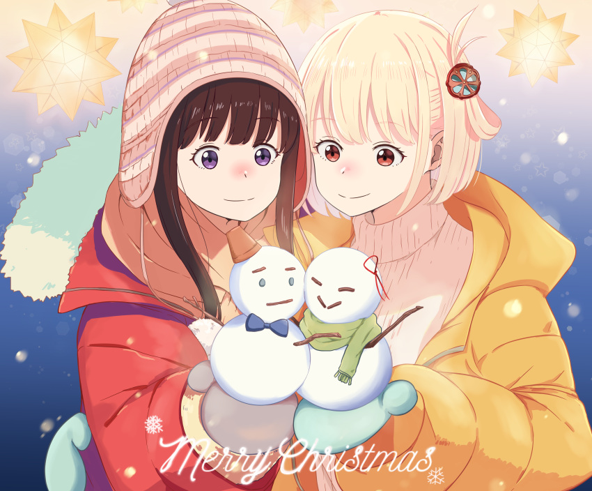 2girls absurdres beanie black_hair blonde_hair blue_background blue_mittens chai_haru christmas closed_mouth coat commentary_request english_text grey_mittens hand_on_another's_waist hat highres inoue_takina long_hair long_sleeves lycoris_recoil medium_hair merry_christmas mini_snowman mittens multiple_girls nishikigi_chisato one_side_up purple_eyes red_coat ribbed_sweater scarf smile snowman sweater upper_body white_sweater winter_clothes yellow_coat yellow_scarf