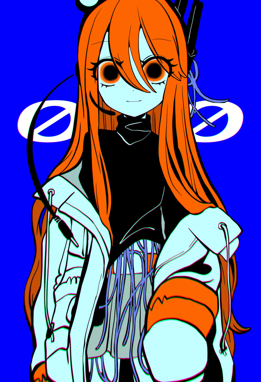 1girl a.i._voice absurdres adachi_rei alternate_hair_length alternate_hairstyle android black_shirt blue_background cable closed_mouth drawstring eyes_visible_through_hair hair_between_eyes hashtag_only_commentary headset high_contrast highres ichiki_(1_09) jacket long_hair long_sleeves looking_at_viewer midriff_peek off_shoulder open_clothes open_jacket orange_eyes orange_hair shirt simple_background smile solo straight_hair turtleneck upper_body utau white_jacket