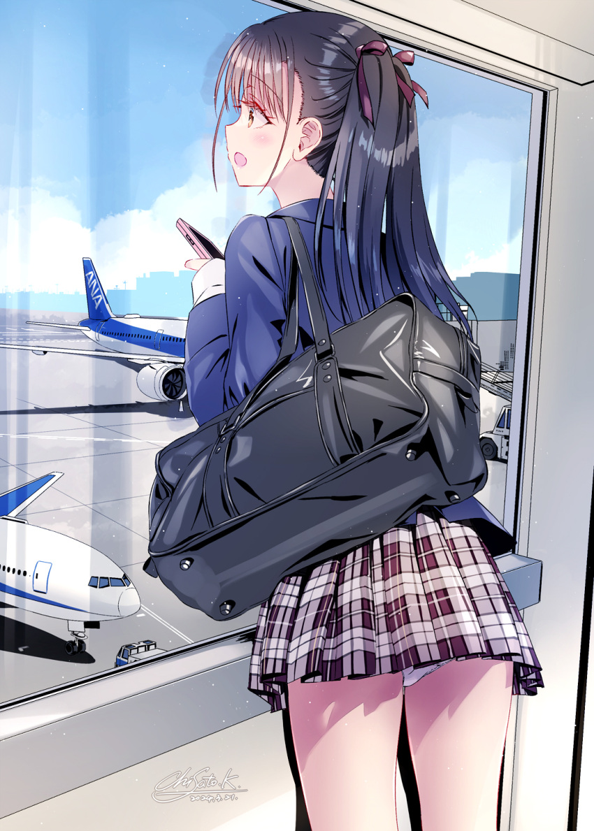 1girl aircraft airplane airport bag black_hair blazer blue_jacket blush brown_eyes commentary_request cowboy_shot dated day hair_ribbon hairstyle_request hand_up highres indoors jacket kobayashi_chisato long_hair long_sleeves open_mouth original panties pantyshot plaid plaid_skirt pleated_skirt pointing profile red_ribbon ribbon school_bag school_uniform sideways_mouth signature skirt sleeves_past_wrists smile solo standing underwear white_panties window