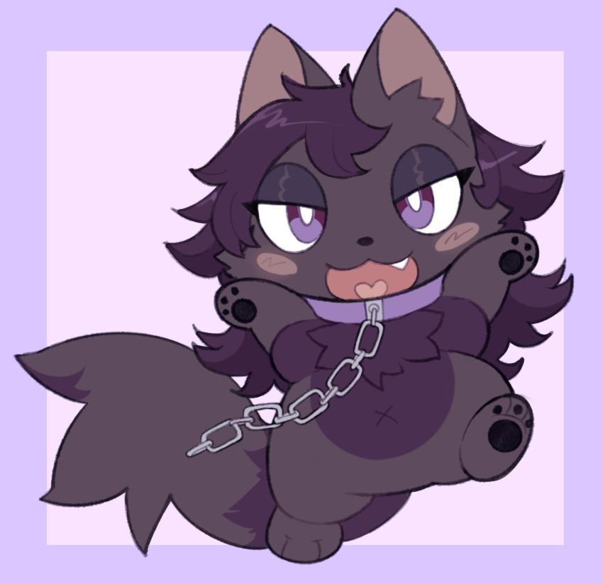 2024 ambiguous_anthro ambiguous_gender anthro biped black_body black_fur black_pawpads blush blush_stickers border canid canine canis chain chain_leash chibi collar cute_fangs digital_drawing_(artwork) digital_media_(artwork) feet flat_colors fur hair hi_res kemono leash mammal markings multicolored_body multicolored_fur navel nude open_mouth open_smile pawberry pawpads paws pupils purple_background purple_body purple_collar purple_eyes purple_fur purple_hair purple_markings simple_background smile solo standing tail two_tone_body two_tone_fur white_pupils wolf x_navel