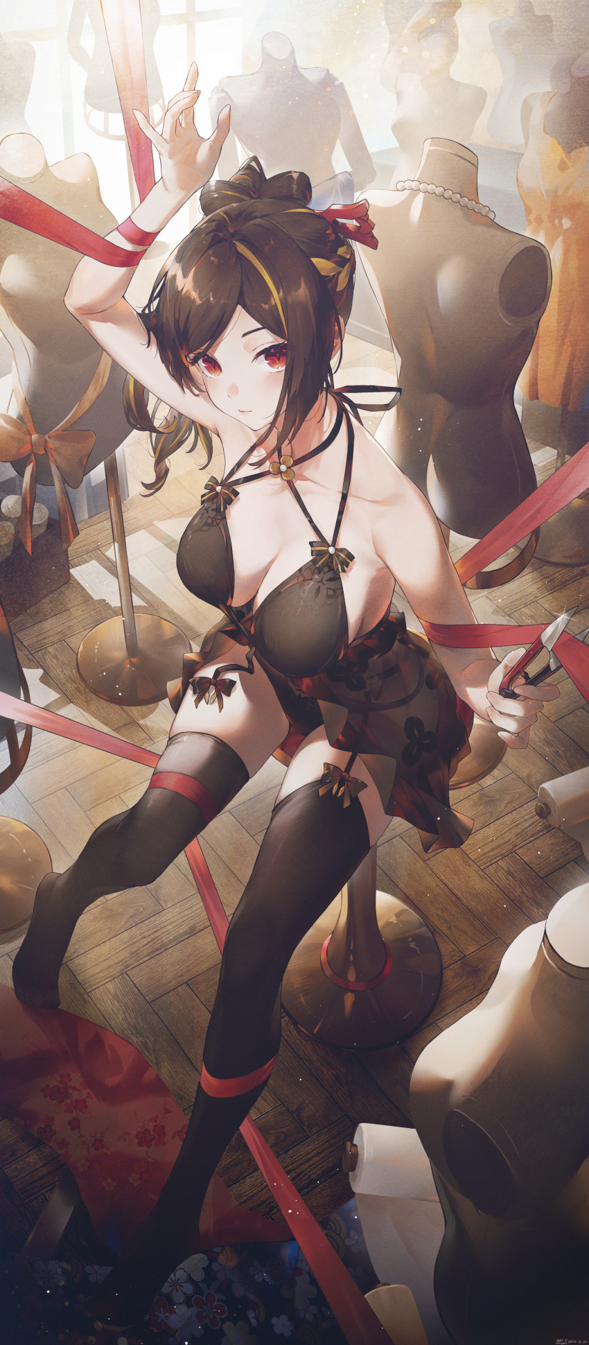 1girl absurdres alternate_costume arm_up asymmetrical_sidelocks bare_shoulders black_bra black_panties black_skirt black_thighhighs blonde_hair bra breasts brown_hair chiori_(genshin_impact) cleavage closed_mouth commentary_request dress entangled fabric floral_print full_body garter_straps genshin_impact hair_ornament hair_stick highres holding holding_scissors indoors jewelry long_hair looking_at_viewer mannequin necklace no_shoes panties pearl_necklace red_eyes red_ribbon ribbon scissors sitting skirt solo stool swkl:d thighhighs underwear yellow_dress
