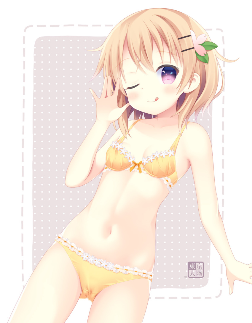 1girl :q blonde_hair blush bra breasts gochuumon_wa_usagi_desu_ka? hair_ornament hairclip highres hoto_cocoa kurasawa_kyoushou lingerie looking_at_viewer navel one_eye_closed panties purple_eyes short_hair small_breasts smile solo tongue tongue_out underwear underwear_only yellow_bra yellow_panties