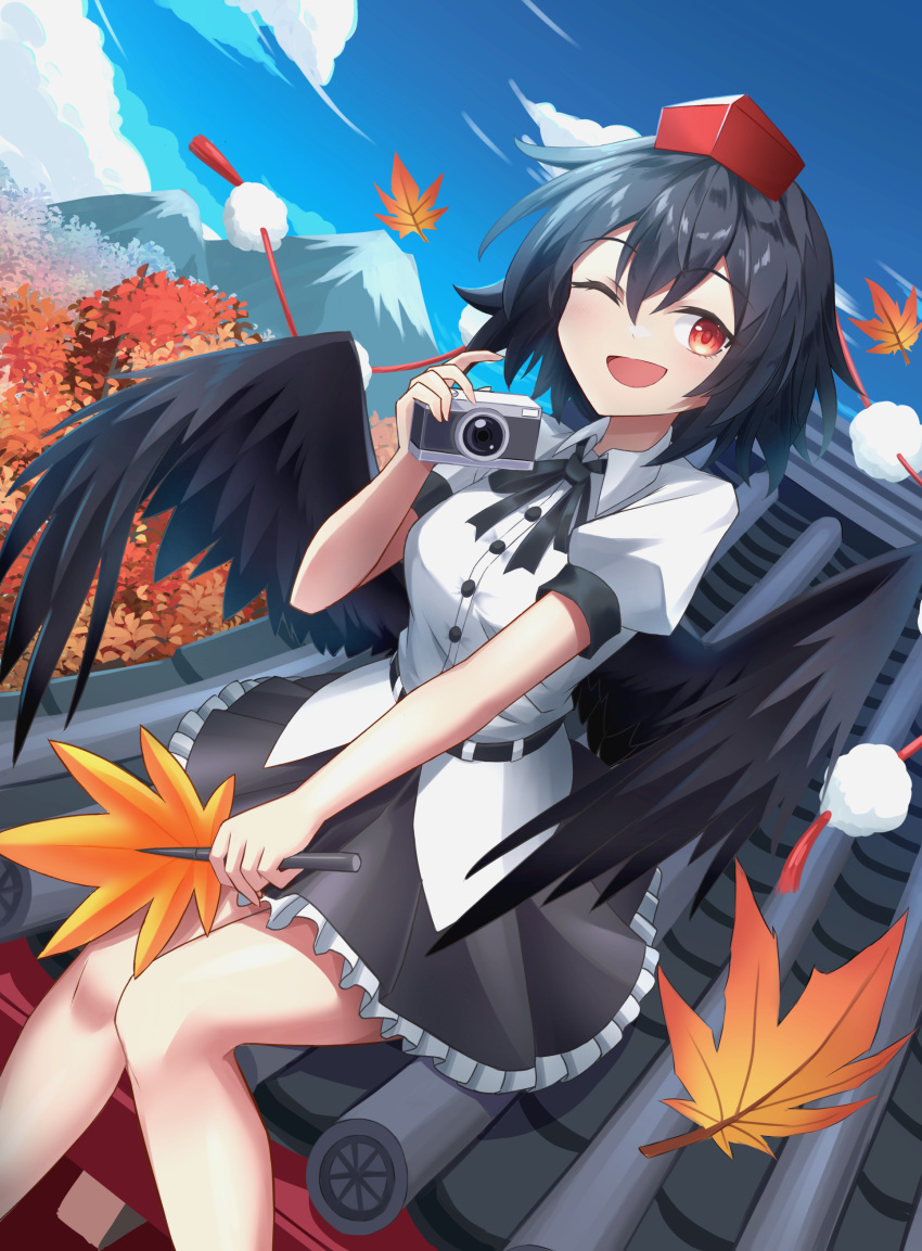 1girl 74239600 ;d absurdres autumn_leaves belt bird_wings black_belt black_ribbon black_skirt black_wings blue_sky breasts camera cloud cloudy_sky collared_shirt day falling_leaves feathered_wings frilled_skirt frills hand_fan happy hat hauchiwa highres holding holding_camera holding_fan leaf medium_breasts miniskirt mountainous_horizon neck_ribbon on_roof one_eye_closed open_mouth pom_pom_(clothes) puffy_short_sleeves puffy_sleeves red_eyes red_hat ribbon shameimaru_aya shirt short_hair short_sleeves sitting skirt sky smile solo tokin_hat touhou tree white_shirt wings
