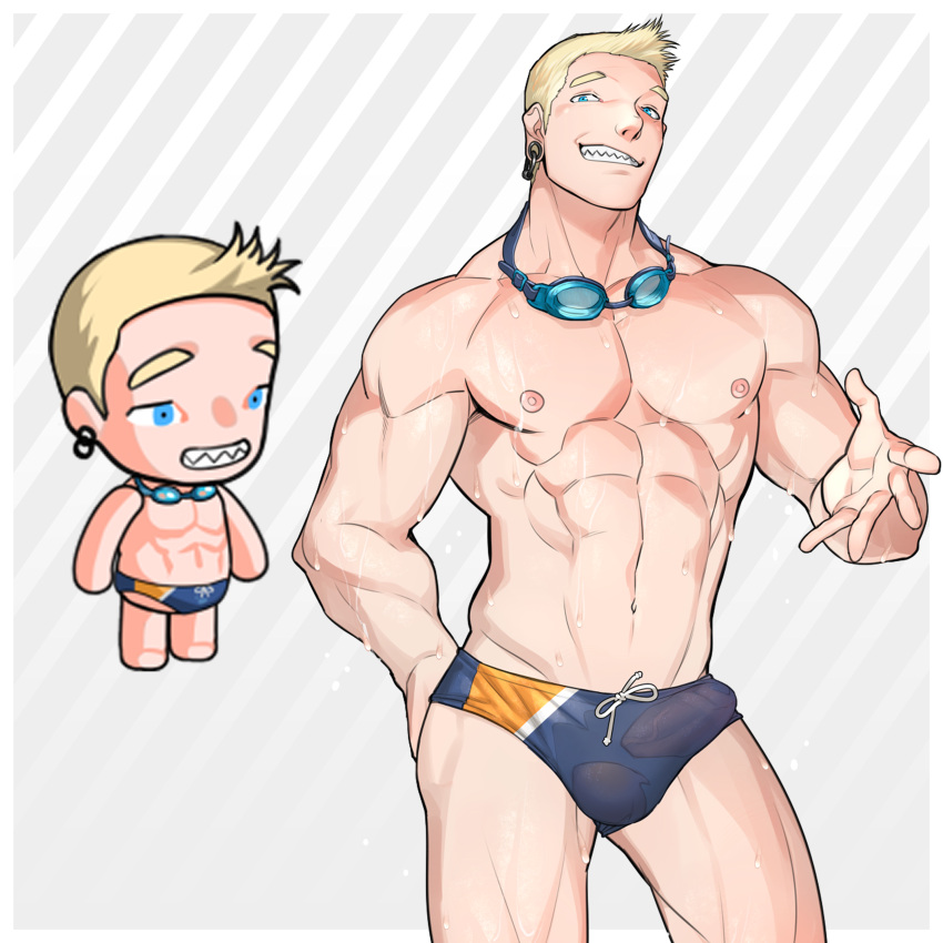 1boy abs absurdres bara blonde_hair blue_male_swimwear bulge character_request contrapposto covered_penis cowboy_shot erection erection_under_clothes ero_condo fingernails goggles goggles_around_neck highres kienbiu large_pectorals male_focus male_swimwear multicolored_male_swimwear muscular muscular_male navel nipples official_alternate_costume orange_male_swimwear outstretched_hand paid_reward_available pectorals see-through sharp_fingernails short_hair simple_background solo standing stomach swim_briefs thick_thighs thighs wet wet_male_swimwear