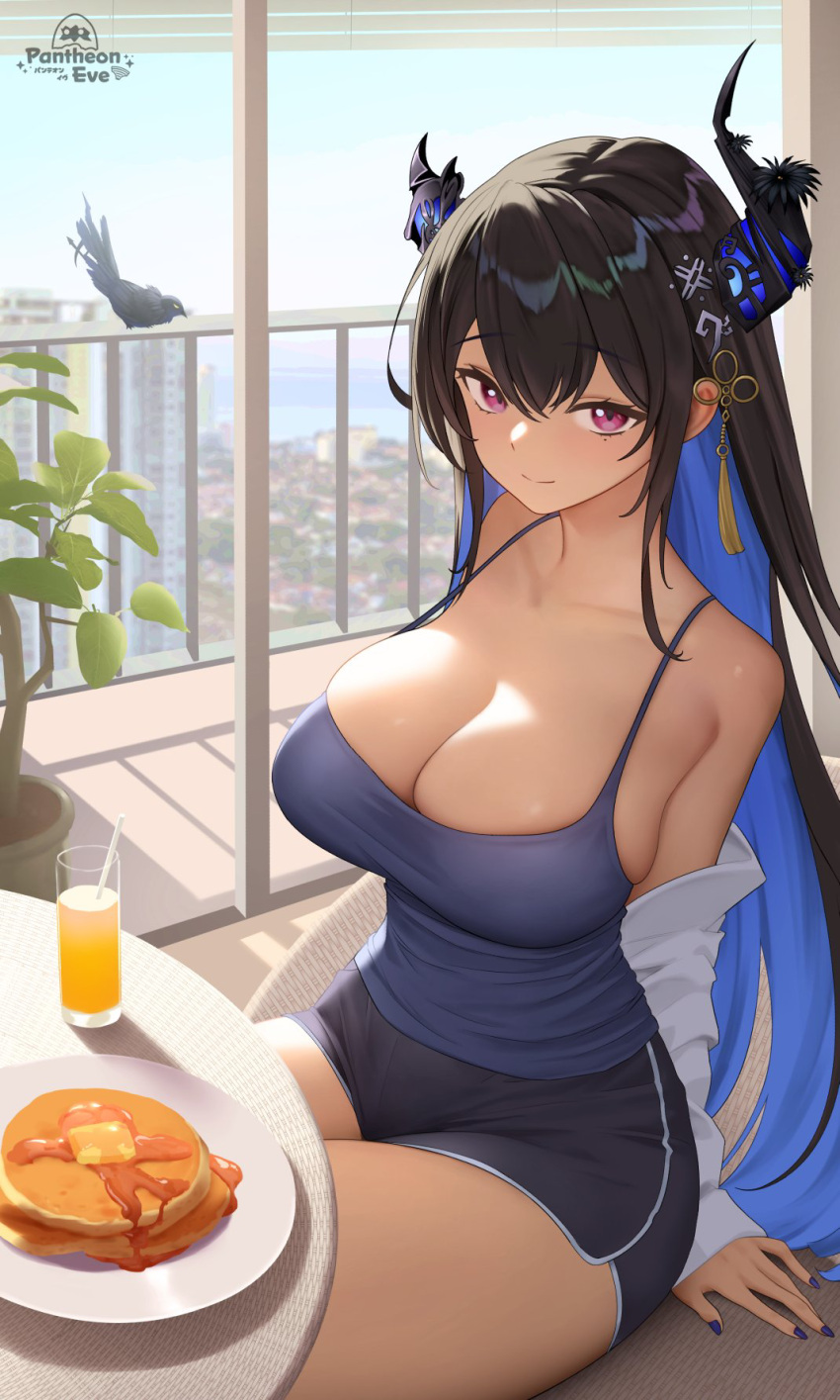 1girl asymmetrical_horns bare_shoulders bird black_camisole black_hair black_horns black_shorts blue_hair blue_nails blue_shirt blush breasts butter camisole cleavage closed_mouth collarbone colored_inner_hair crow day demon_horns food hair_ornament highres hololive hololive_english horns indoors juice large_breasts long_hair looking_at_viewer mole mole_under_eye morning multicolored_hair nail_polish nerissa_ravencroft off_shoulder pancake pantheon_eve purple_eyes red_eyes shadow_(nerissa_ravencroft) shirt short_shorts shorts sitting smile solo syrup thighs two-tone_hair uneven_horns very_long_hair virtual_youtuber