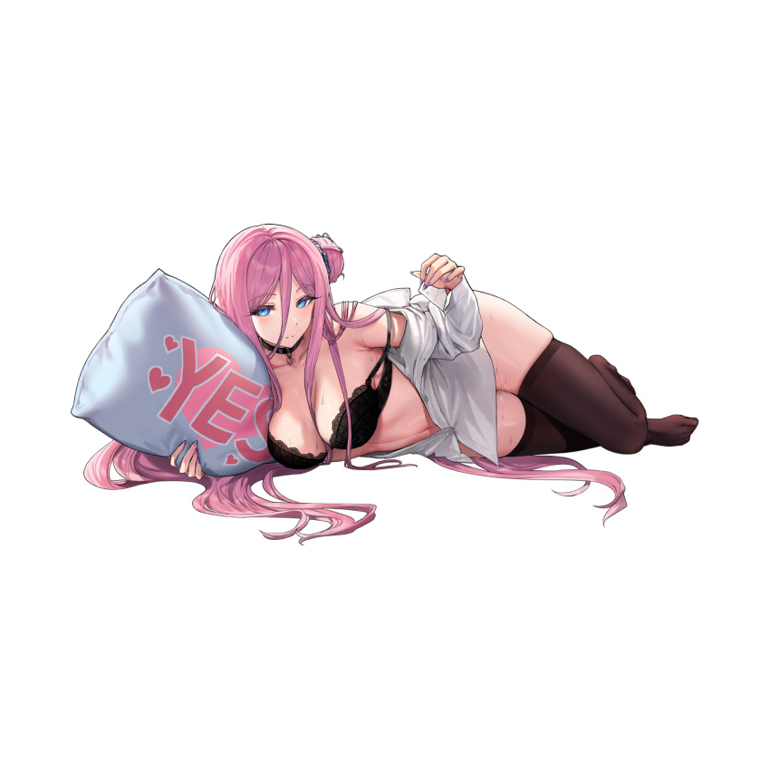 1girl black_bra black_thighhighs blue_eyes bra breasts choker cleavage closed_mouth collared_shirt full_body hair_between_breasts hair_between_eyes hair_bun hair_ornament hair_spread_out heart heart_choker highres hugging_object lace lace_bra large_breasts last_origin linea_alba long_hair looking_at_viewer lying mel_(dodosae) messy_hair nail_polish navel official_alternate_costume official_art on_side partially_unbuttoned pillow pillow_hug pink_hair presenting purple_nails scarabya_(last_origin) school_nurse shirt simple_background single_side_bun solo strap_slip suggestive_fluid tachi-e thick_thighs thighhighs thighs third-party_source transparent_background underwear very_long_hair wet white_shirt yes-no_pillow